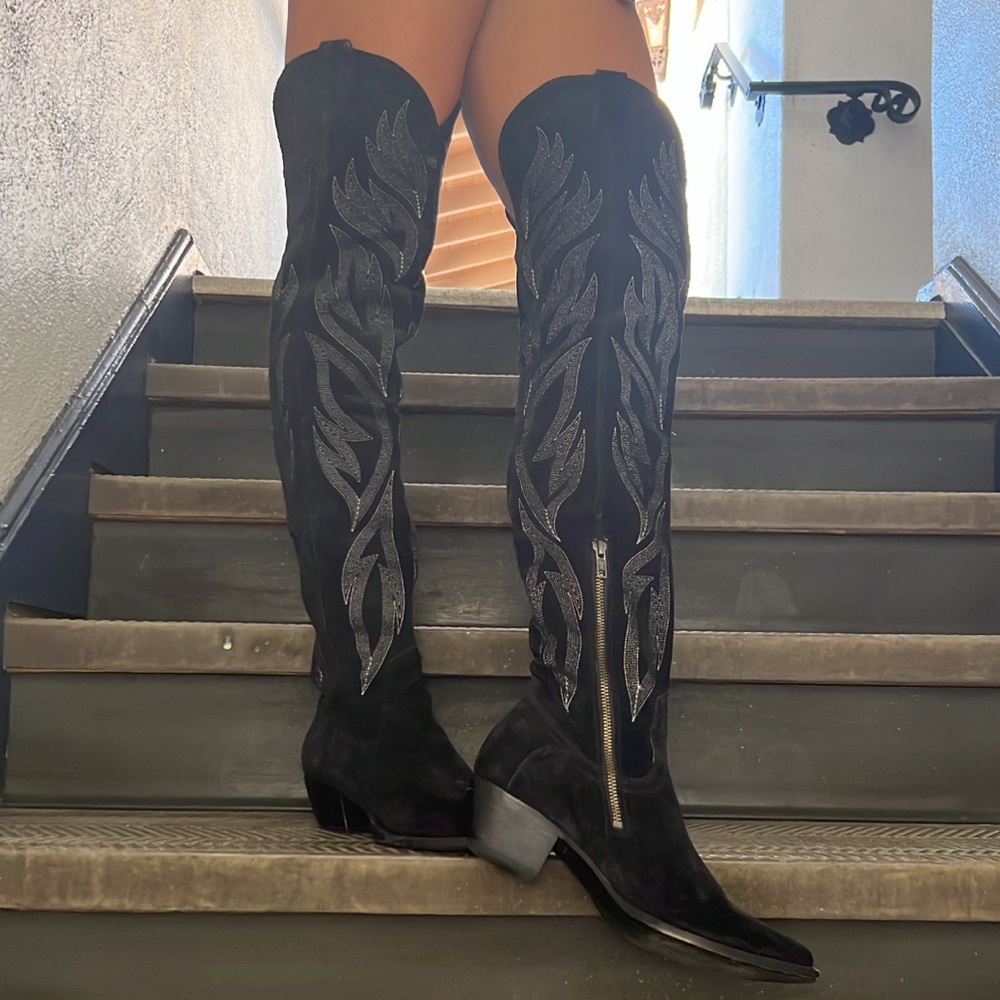 Frye Shane RARE Thigh High Cowboy Boots Black/White - Picture 5 of 5